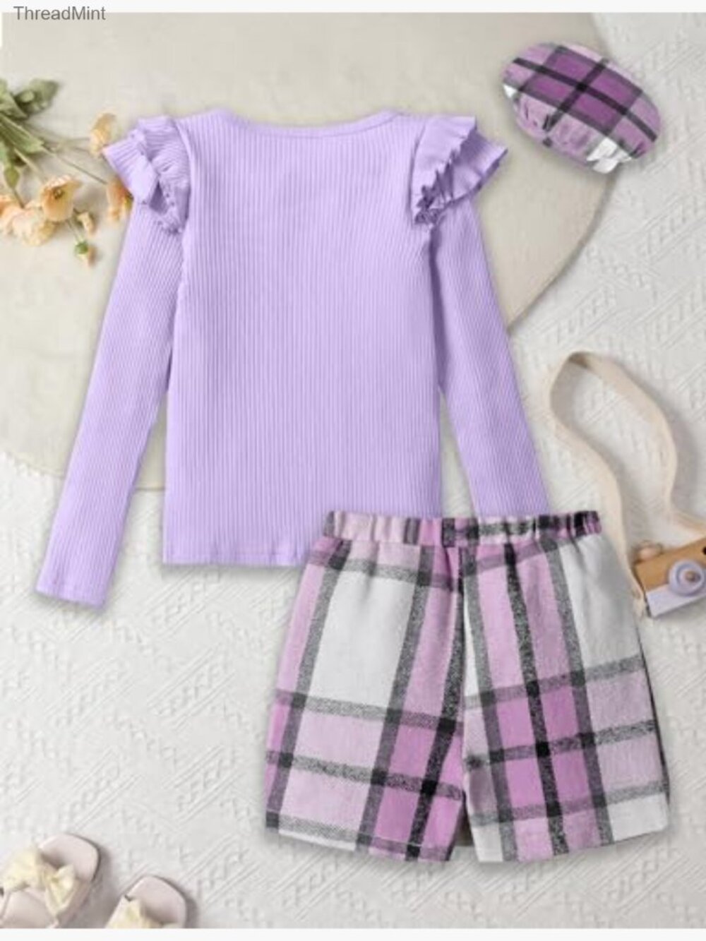 Kids Ruffle Sleeve Top & Plaid Skort Set with Hat 3PCS Size 11-12 - Picture 6 of 7